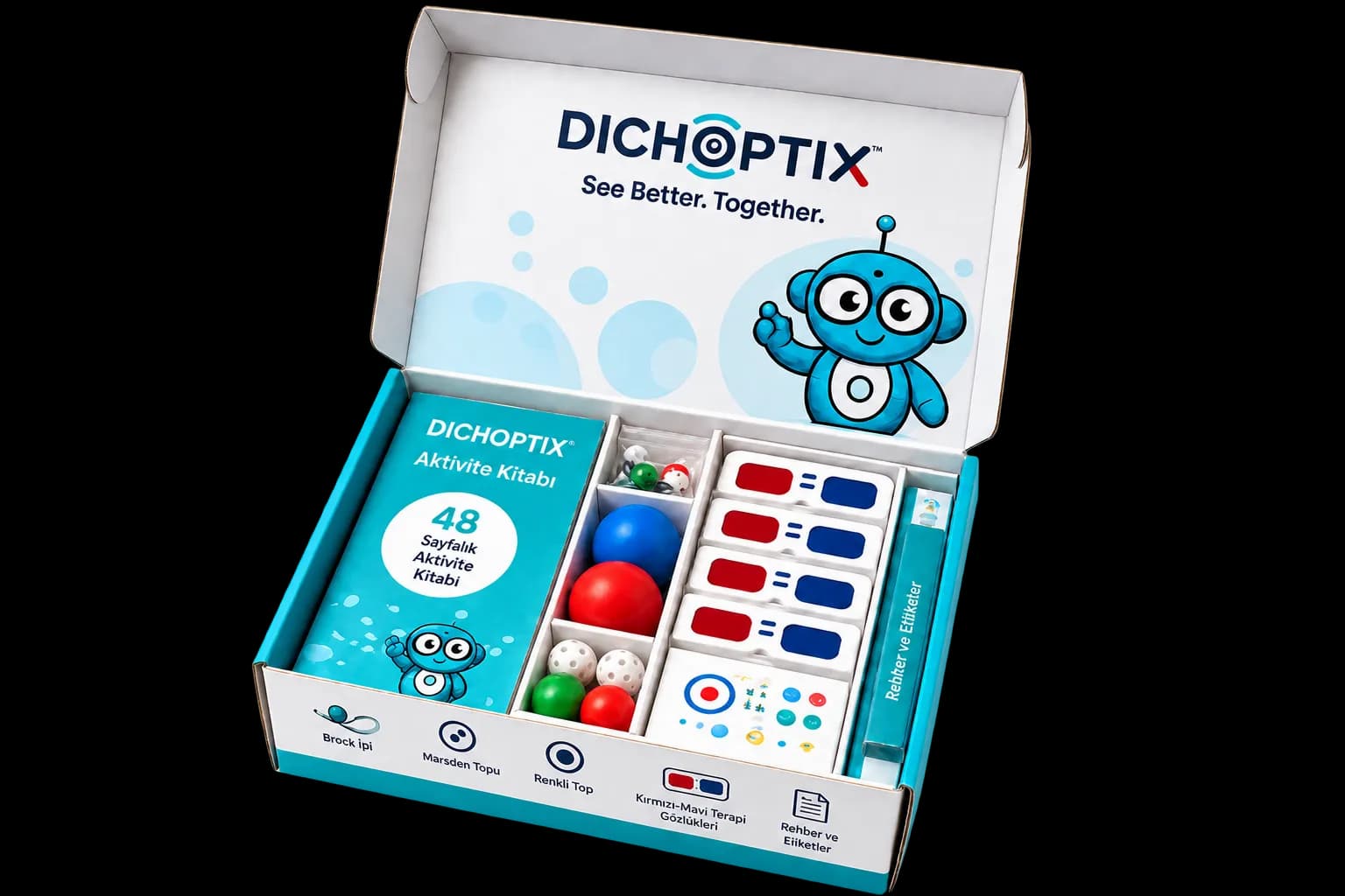 Open activity box containing an activity book, a Marsden ball, dice, red and blue therapy glasses and cards