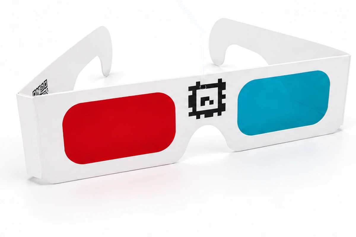 Red and cyan therapy glasses with a square detection marker on the bridge