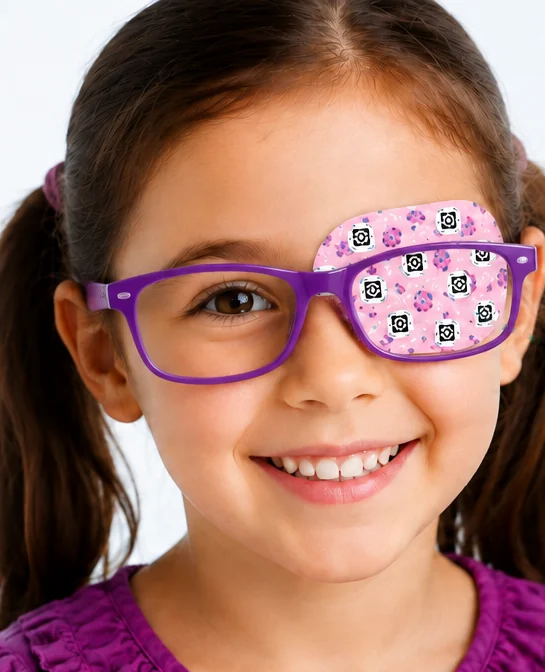 Smiling child in purple glasses, with the coded pink patch fitted over one side