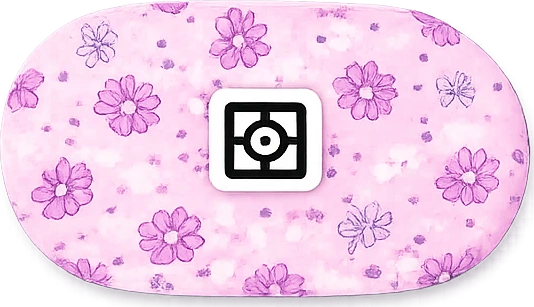 Pink floral eye patch with a small white square code sticker applied to it