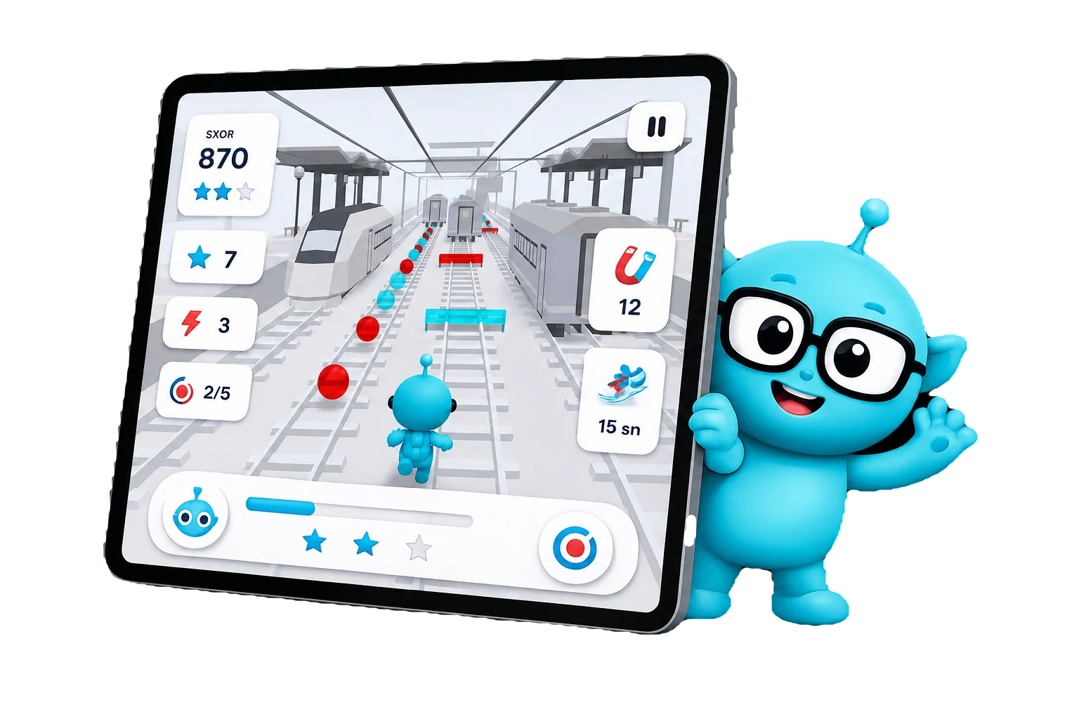 Dichoptix terapi oyununun açık olduğu bir tablet ve yanından bakan Dichoptix maskotu