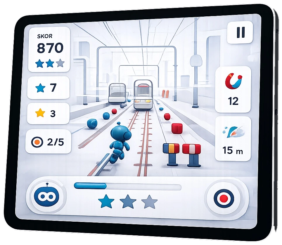 A tablet running a therapy game, the red and blue glasses, and the open activity box